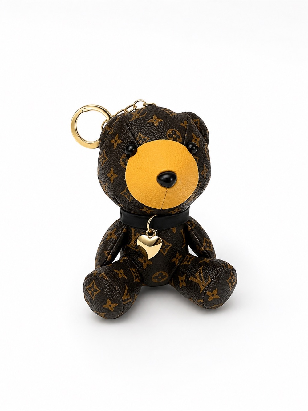 Luxury Brown Monogram Teddy Bear Key Charm with Yellow Face - Picture 3 of 6
